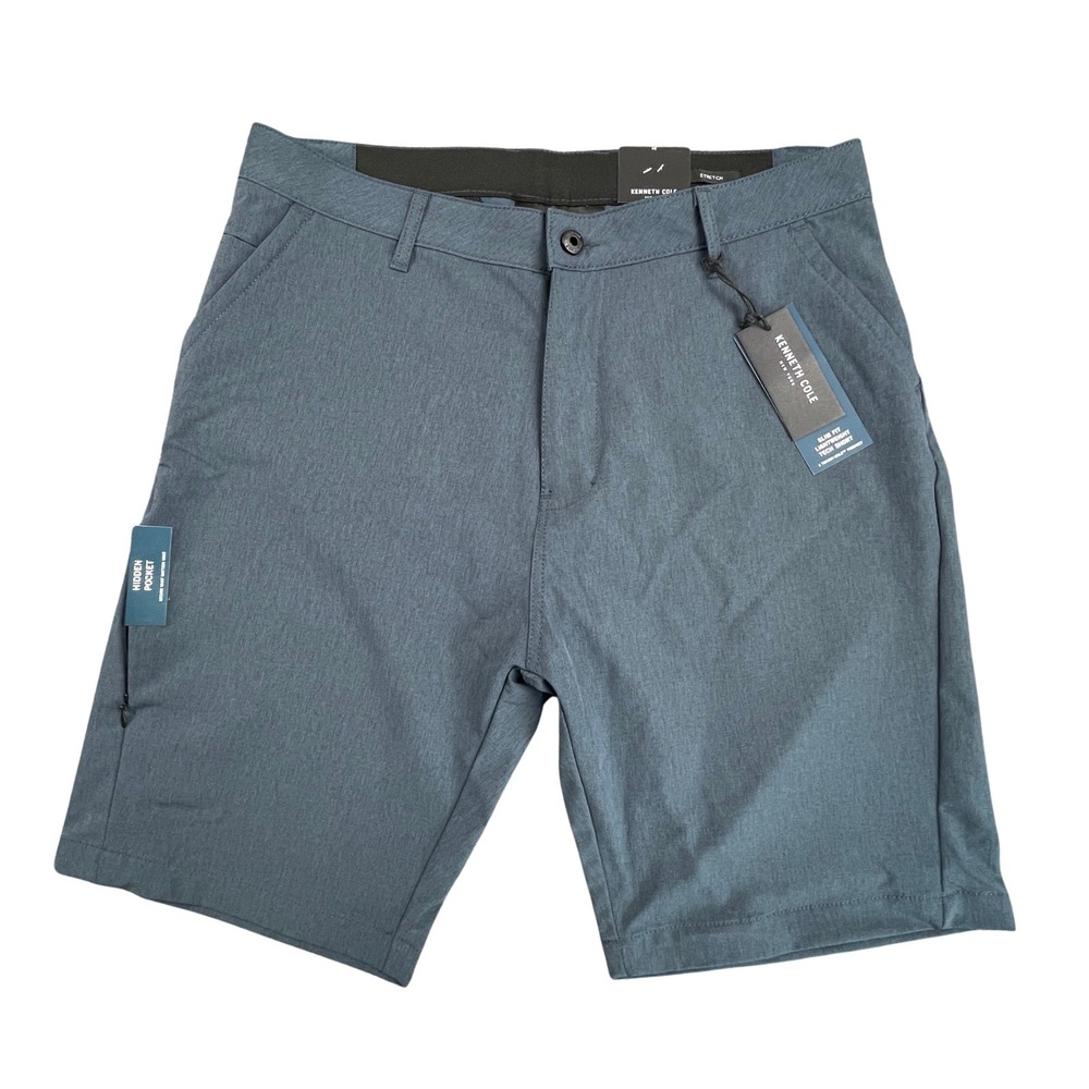 Kenneth Cole Mens 34 Slim Techni-Cole Tech Shorts Blue Heather Golf Stretch NWT